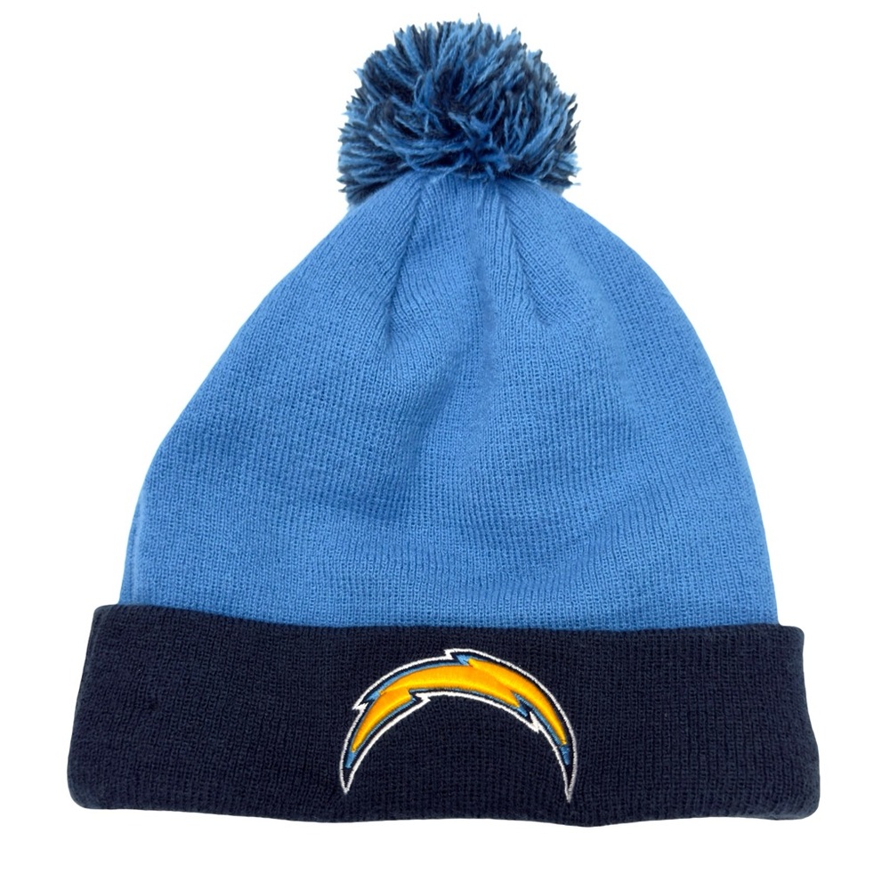 New Era Los Angeles Chargers cuffed knit beanie with a pom-pom on top.